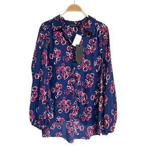 New Gibsonlook Button‎ Front Blouson Blouse Blue Depths Floral